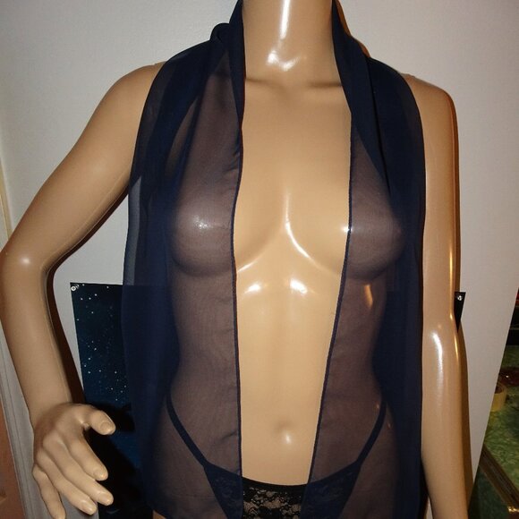 Vintage Dark Navy Blue Sheer Nylon Neck Scarf pinup retro rockabilly head wrap - Picture 12 of 15